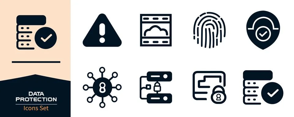 Network Technology security line art icons set firewall, fingerprint, protection Stock Illustration