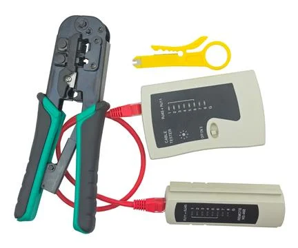 Network tester and crimping tool with RJ45 connector Stock Photos