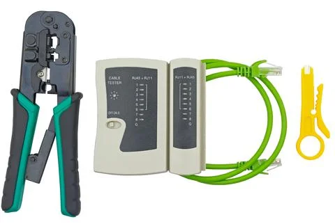 Network tester and crimping tool with RJ45 connector Stock Photos