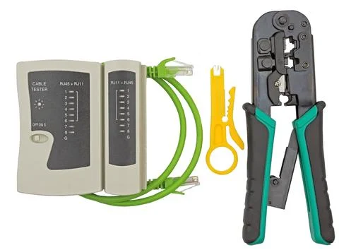 Network tester and crimping tool with RJ45 connector Stock Photos