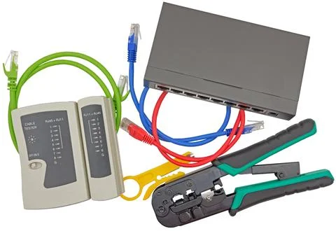 Network tester and crimping tool with RJ45 connector Stock Photos