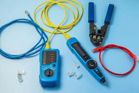 Network tester, patching cord, modular plug and network tool Stock Photos