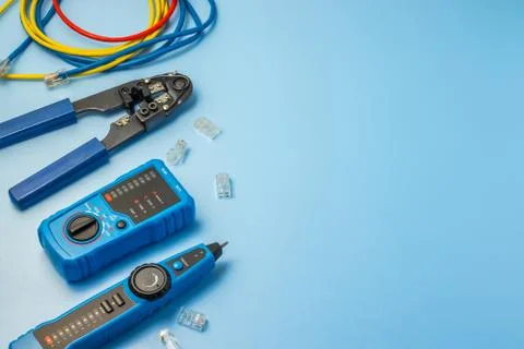 Network tester, patching cord, modular plug and network tool Stock Photos
