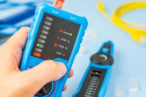 Network tester, patching cord, modular plug and network tool Stock Photos