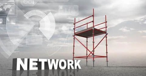 Network Text with 3D Scaffolding and technology interface landscape Ilustração Stock