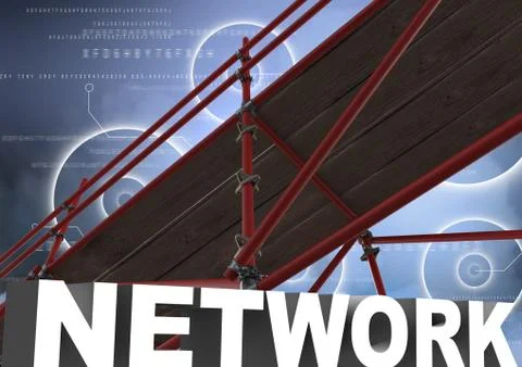 Network Text with 3D Scaffolding and technology interface sky Illustrazione stock