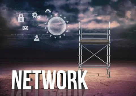 Network Text with 3D Scaffolding and technology interface landscape Ilustração Stock