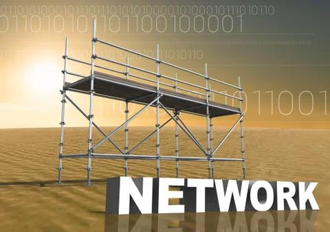 Network Text with 3D Scaffolding and technology interface landscape Ilustração Stock