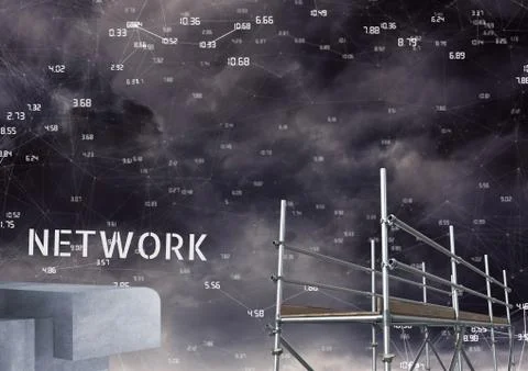 Network Text with 3D Scaffolding and technology numbers connecting interface Ilustração Stock