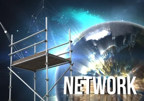 Network Text with 3D Scaffolding and planet earth interface Stock Photos