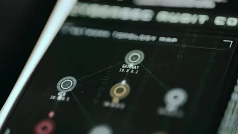Network Topology Map with data pulses between nodes. Ethical hacking concept Stock Footage 331129374