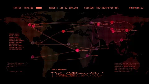 Network Trace Hacking Interface Orange Cyberpunk Global IP Tracking HUD Stock Footage 341840543