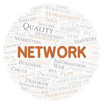Network typography word cloud create with the text only. Illustrazione stock