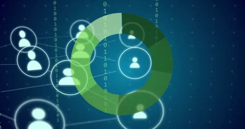 Network of user icons and binary code animation over blue background Video stock 305062681