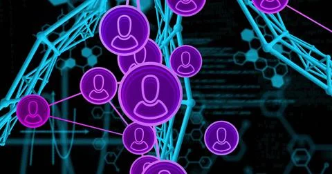 Network of user icons and data processing image over digital background Stockfoto's