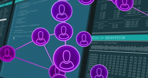 Network of user icons and encryption process animation over computer code Stock Footage 306816915