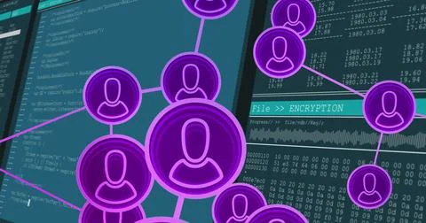 Network of user icons and encryption process image over computer code Foto stock