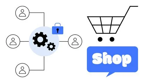 Network of user icons connected to gears with a lock symbol and a shopping ca Stock Illustration