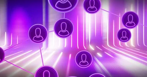 Network of user icons connected by lines, digital communication image over neon Stock Illustration