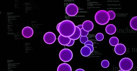 Network of user icons connected by lines over programming code image Foto stock