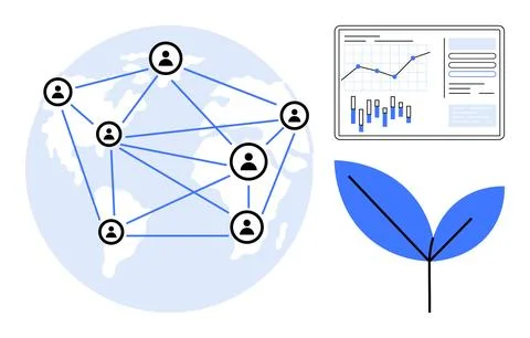 Network of user icons connected over world map, bar and line chart on screen, Illustrazione stock