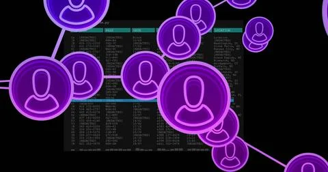 Network of user icons image over computer code and data table Illustrazione stock
