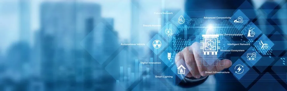 Network visionary analyzing digital data pointing hand at 6G Technology sys.. Stock Photos