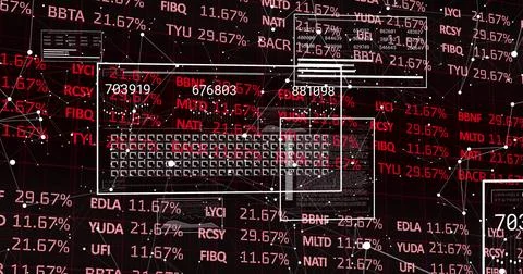Network visualization panels floating in dashboard, with red ticker codes, Stock Photos
