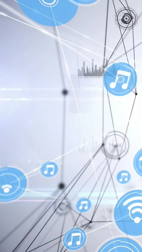 Network visualization pulsing and spawning blue icons and nodes after data feed, Stock Footage 331046979