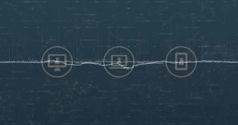 Network visualization running in interface, with white waveform and circular  Illustrazione stock