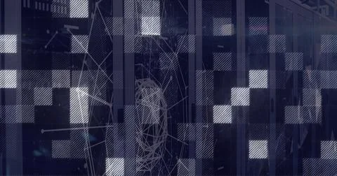 Network visualization streaming data in server rack, translucent squares and Foto stock
