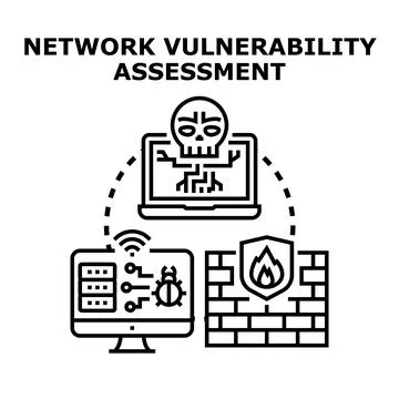 Network vulnerability assessment identifying digital threats, system exploits Stock Illustration