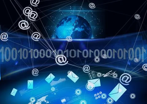 Network of web icons against globe and binary coding data processing on blue 스톡 사진