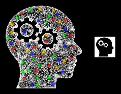 Network Web Mesh Brain Gears Icon with Colorful Flares Stock Illustration