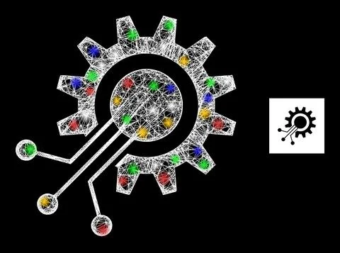 Network Web Mesh Cog Interface Icon with Colorful Glitter Dots 스톡 일러스트