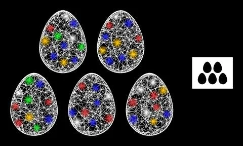 Network Web Mesh Eggs Icon with Multicolored Glitter Dots Stock Illustration