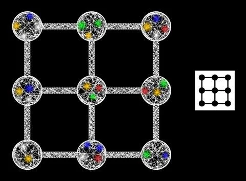 Network Web Mesh Grid Nodes Icon with Bright Colored Flash Nodes Illustrazione stock