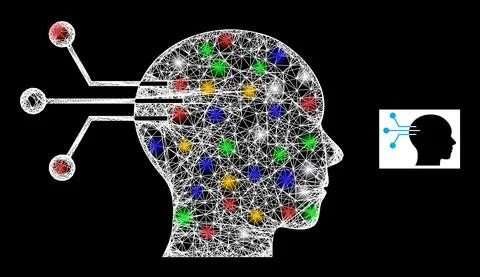 Network Web Mesh Neural Interface Icon with Colored Light Spots 스톡 일러스트