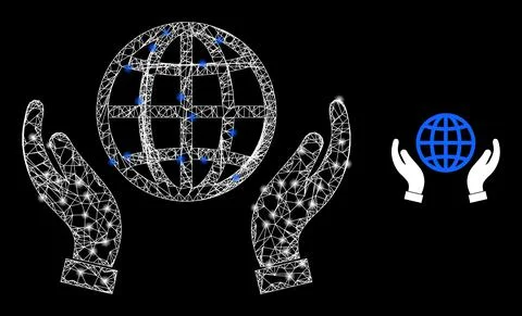 Network World Care Hands Web Mesh Icon with Constellation Lightspots Stock Illustration