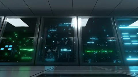 Networked and data servers behind glass panels in a server room. The camera m イラスト素材