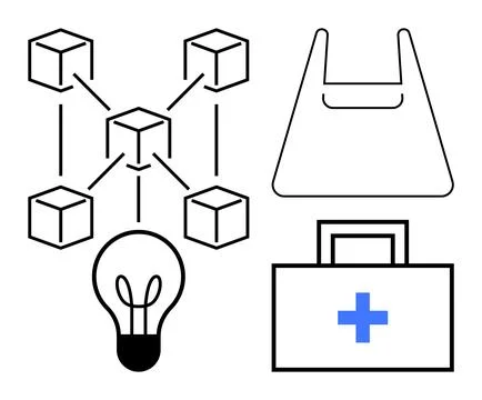 Networked Cubes with Light Bulb, Shopping Bag, and Medical Kit Emphasizing .. Stock Illustration