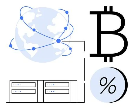 Networked globe connected by dots, Bitcoin symbol, data servers, and percenta Stock Illustration
