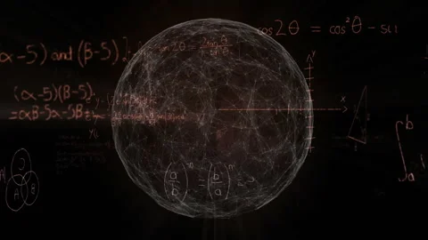 Networked sphere materializing rotating while math formulas animating around Stock-Footage 311900691