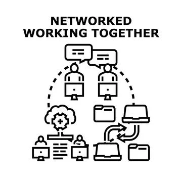 Networked team collaborating online sharing data and ideas Stock Illustration