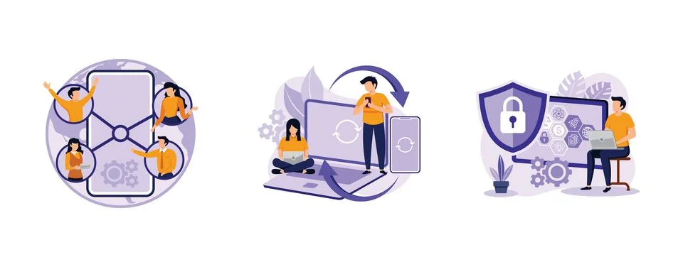 Networking app software. Mobile collaboration, cross-device syncing, privacy 스톡 일러스트