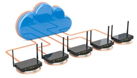Networking connection concept. Computer cloud with routers, 3D rendering Illustrazione stock