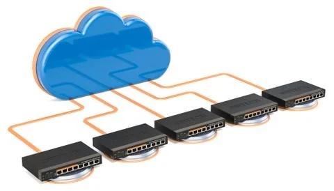 Networking connection concept. Computer cloud with network switches, 3D rende Stock Illustration