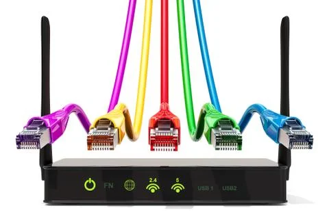 Networking connection concept, router with colored lan cables. 3D rendering Stock Illustration
