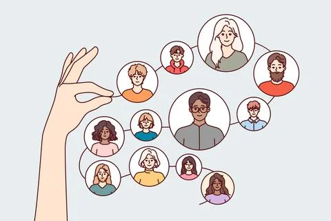 Networking connections between different people, in hands of person, formed Stock Illustration