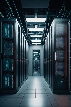 Networking devices of rack in room with big data cyber internet content. Neon Illustrazione stock
